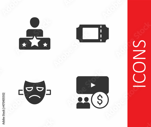Set Cinema auditorium with screen, Actor star, Drama theatrical mask and ticket icon. Vector