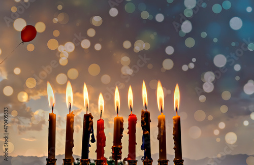 Festive burning wax candles as symbol of Hanukkah - Jewish Holiday of Miracle...