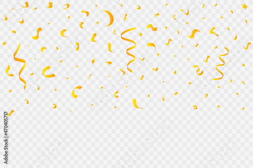 Golden confetti and tinsel falling background. Golden ribbon and confetti vector illustration. Golden confetti isolated on white background. Carnival elements. Birthday party celebration.