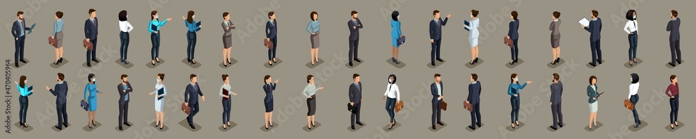 Fototapeta premium Large isometric set of 3D businessmen. Businessmen and business lady, front and back view. Masked characters during the pandemic