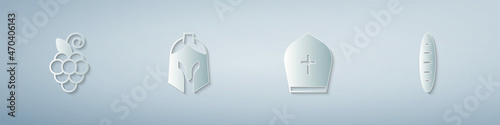 Set Grape fruit, Roman army helmet, Pope hat and French baguette bread. Paper art style. Vector