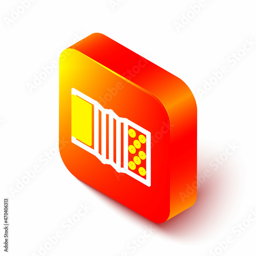 Isometric line Musical instrument accordion icon isolated on white background. Classical bayan, harmonic. Orange square button. Vector