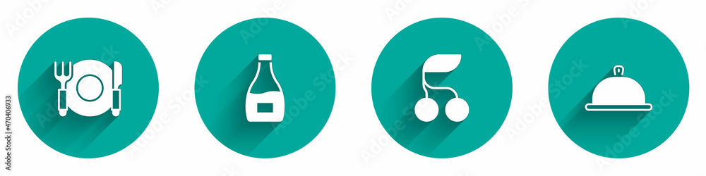 Set Plate, fork and knife, Sauce bottle, Fresh berries and Covered with tray of food icon with long shadow. Vector Set Plate, fork and knife, Sauce bottle, Fresh berries and Covered with tray of food icon with long shadow. Vector
