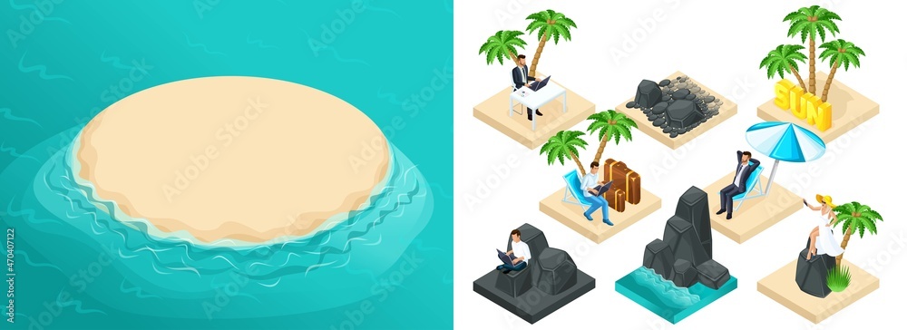 Trendy isometric set of summer icons to create your own vector illustration. 3D stones, palm trees, sea, suitcase, freelancers, vacationers, plage