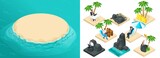 Trendy isometric set of summer icons to create your own vector illustration. 3D stones, palm trees, sea, suitcase, freelancers, vacationers, plage
