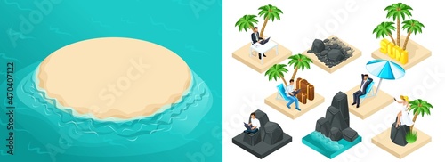 Trendy isometric set of summer icons to create your own vector illustration. 3D stones, palm trees, sea, suitcase, freelancers, vacationers, plage