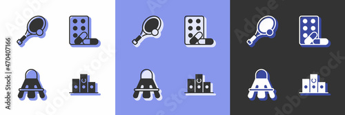 Set Award over sports winner podium, Tennis racket with ball, Badminton shuttlecock and Sports doping dumbbell icon. Vector