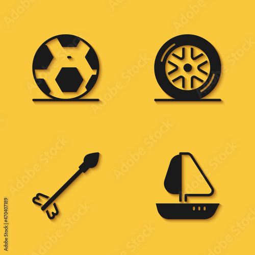 Set Soccer football ball, Yacht sailboat, Medieval arrows and Car wheel icon with long shadow. Vector