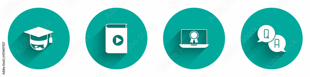 Set Graduation cap on globe, Audio book, Online education with diploma and Question and Answer icon with long shadow. Vector Set Graduation cap on globe, Audio book, Online education with diploma and Question and Answer icon with long shadow. Vector