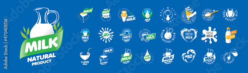 A set of vector Milk logos on a blue background