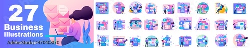 Set Flat Concepts of Business Illustrations. Young businessmen work using smartphones and gadgets. IT in business processes. For Vector Illustrations