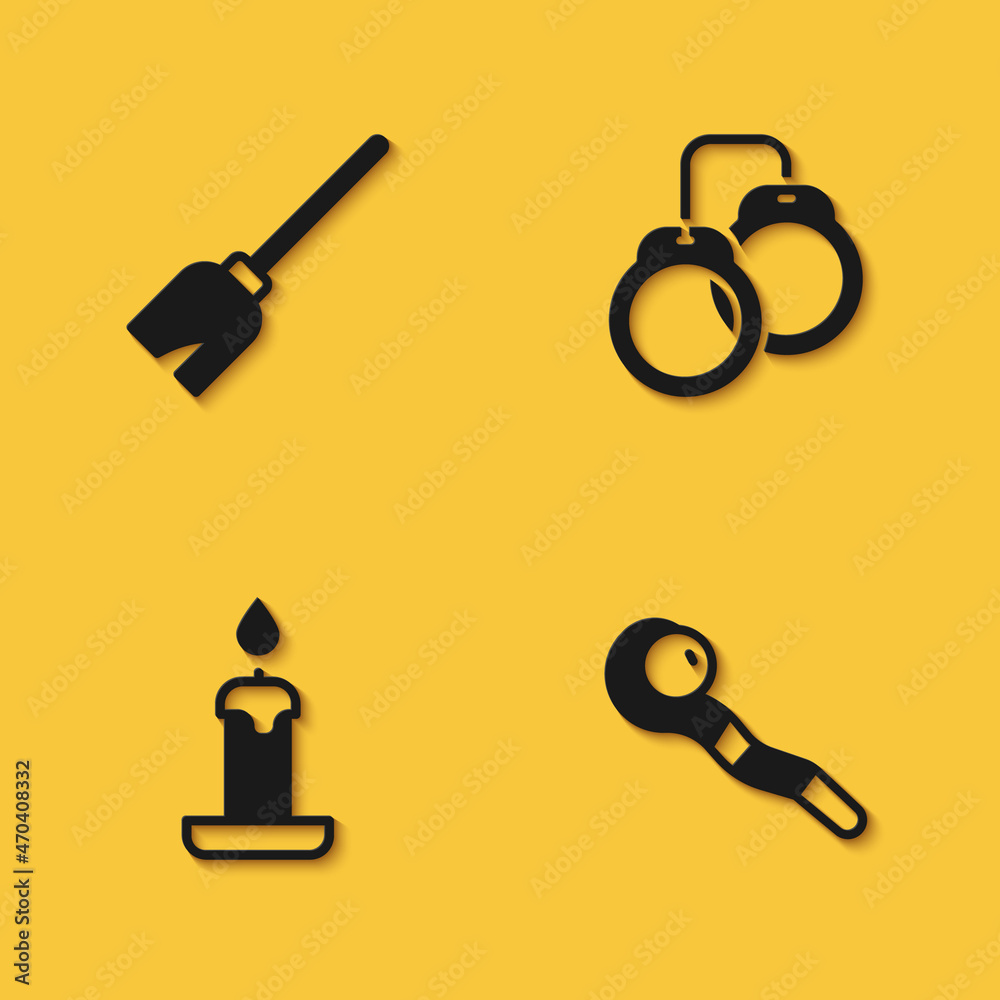 Set Witches broom, Magic staff, Burning candle and Handcuffs icon with long shadow. Vector Set Witches broom, Magic staff, Burning candle and Handcuffs icon with long shadow. Vector
