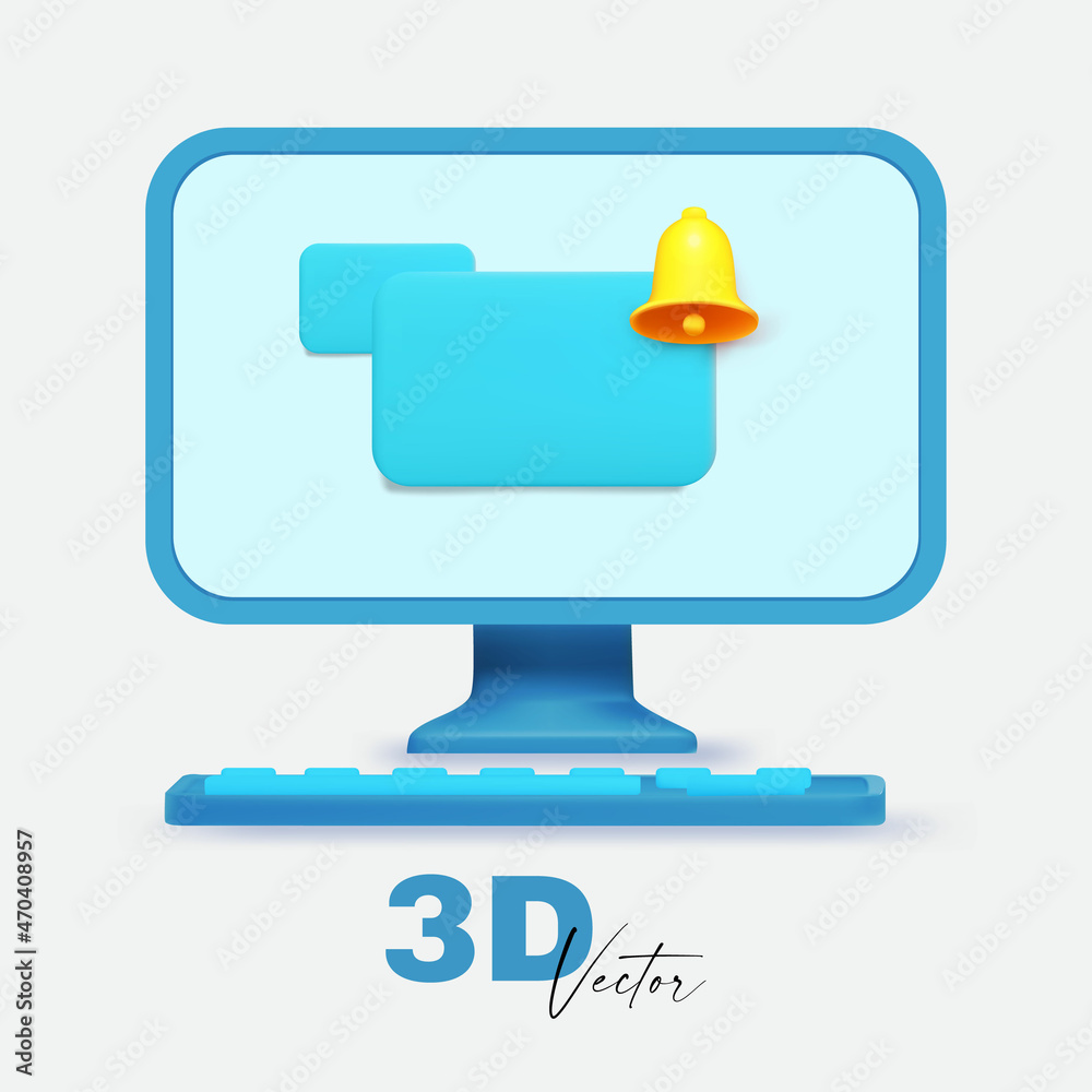 3D minimal desktop. Screen mockup with dialog window, keyboard and notification message bell. 3d render design. 3D minimal desktop. Screen mockup with dialog window, keyboard and notification message bell. 3d render design.
