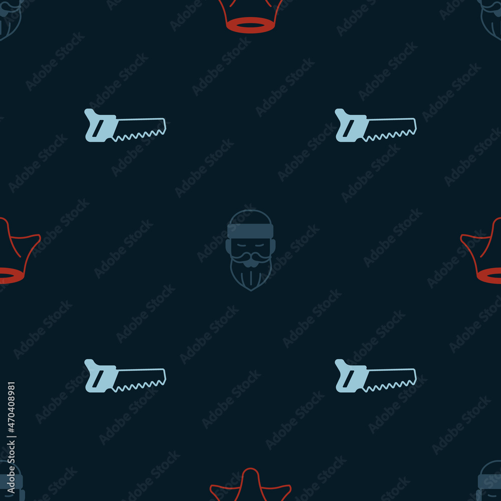 Set Tree stump, Lumberjack and Hand saw on seamless pattern. Vector