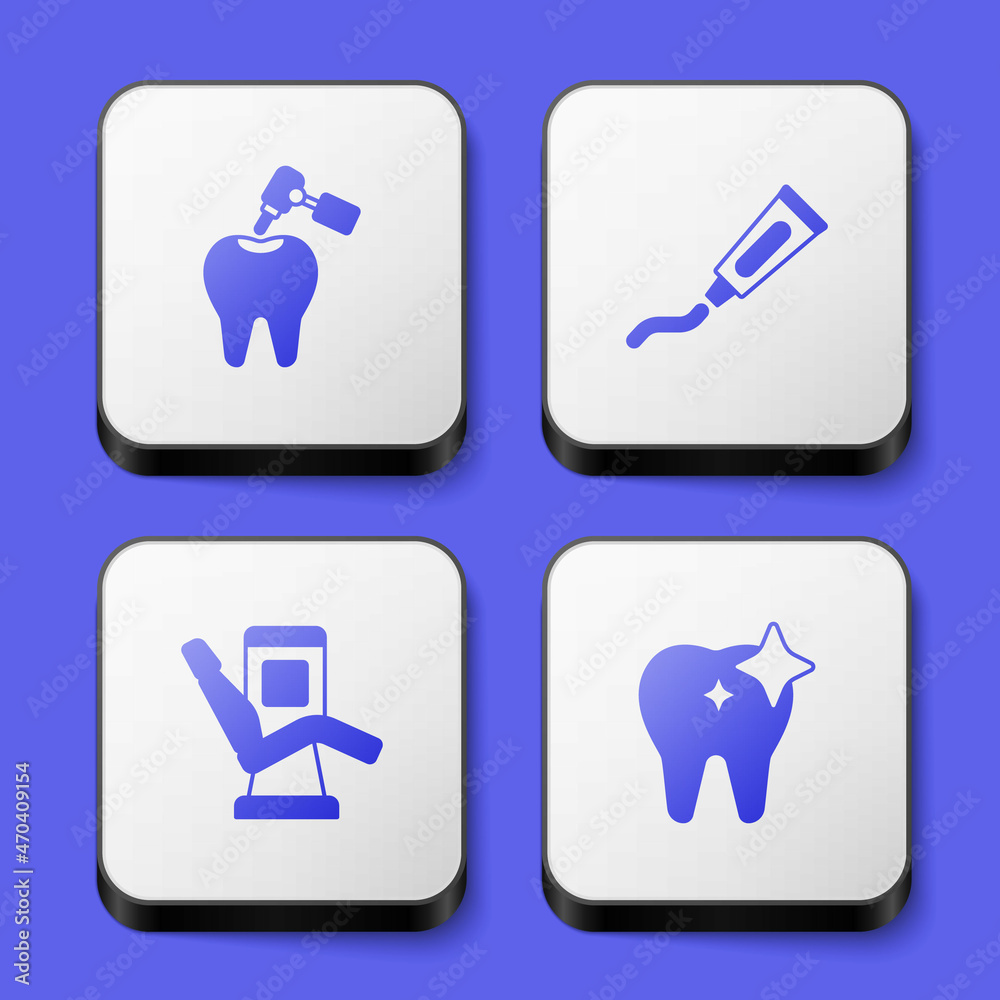 Set Tooth with caries and drill, Tube of toothpaste, Medical dental chair and whitening icon. White square button. Vector