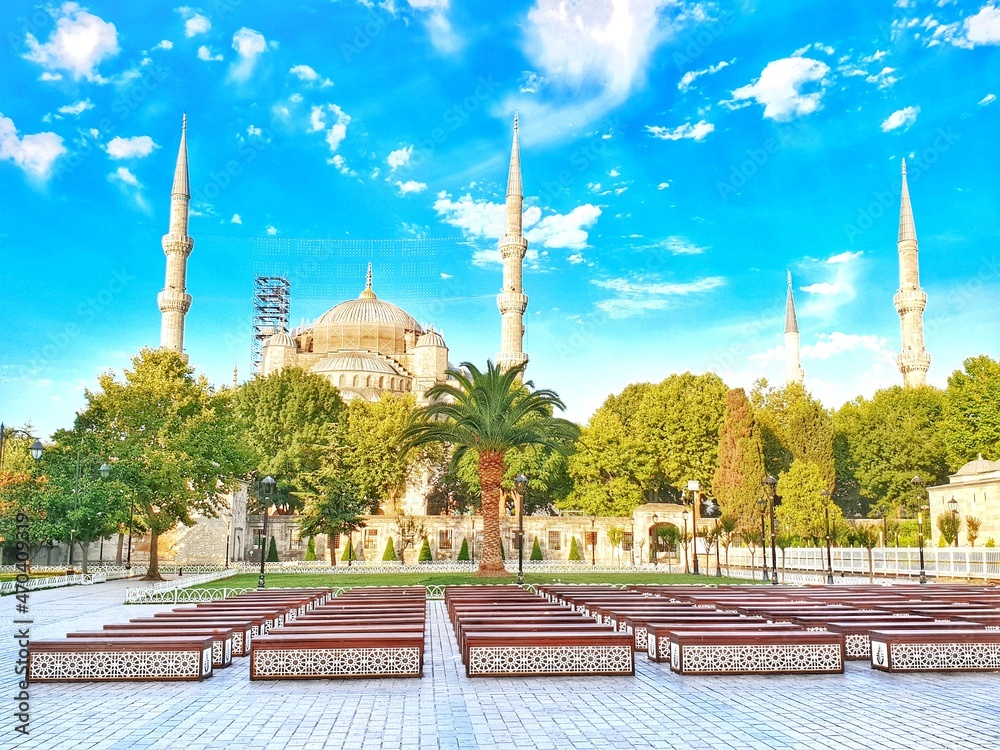 Travel to Turkey concept. Summer square in front of the Sultan Ahmed Blue Mosque in Istanbul