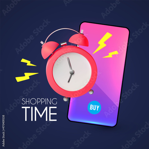 Shipping time. Online marketing concept with shining smartphone and ringing alarm clock
