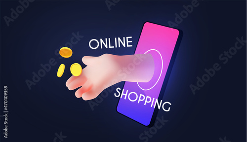 Online shopping. Digital marketing concept with shining phone and paying hand with coins.