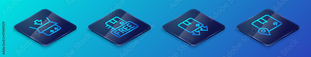 Set Isometric line Cardboard box with traffic symbol, Carton cardboard, Location and free icon. Vector Set Isometric line Cardboard box with traffic symbol, Carton cardboard, Location and free icon. Vector