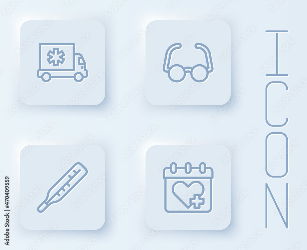Set line Ambulance car, Glasses, Medical thermometer and Doctor appointment. White square button. Vector Set line Ambulance car, Glasses, Medical thermometer and Doctor appointment. White square button. Vector