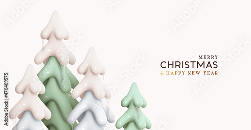 Winter nature landscape with trees in snow and with icicles. Realistic 3d pine trees. Christmas holiday background. Vector illustration