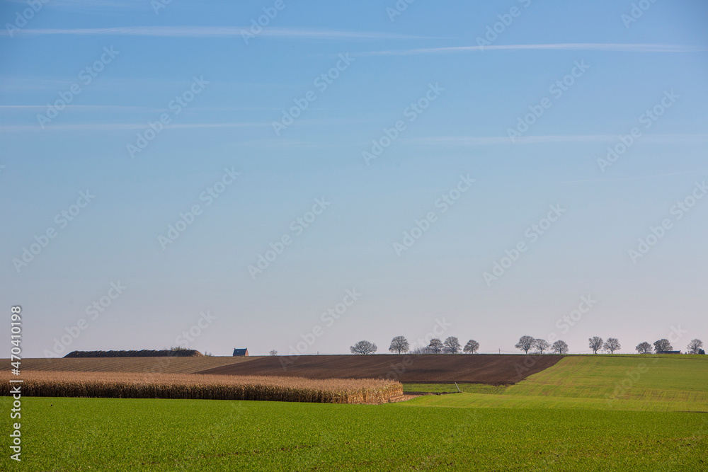 agricultural landscape between brussels and namur under blue sky in belgium