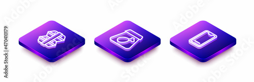 Set Isometric line Lunch box, Online ordering meal and Food on mobile icon. Vector