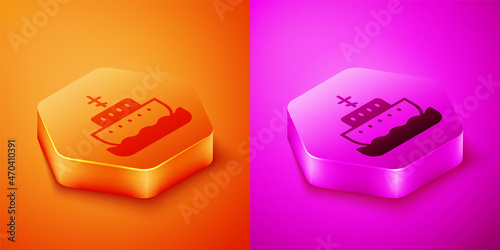 Isometric Ark of noah icon isolated on orange and pink background. Wood big high cargo. Hexagon button. Vector