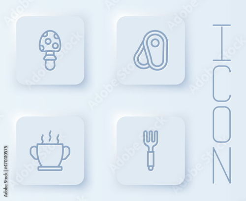 Set line Fly agaric mushroom  Steak meat  Bowl of hot soup and Fork. White square button. Vector