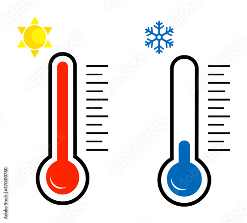 Hot and cold thermometers on white background. Variety vector thermometers in flat style.