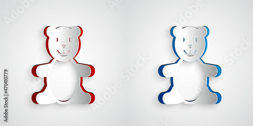 Paper cut Teddy bear plush toy icon isolated on grey background. Paper art style. Vector