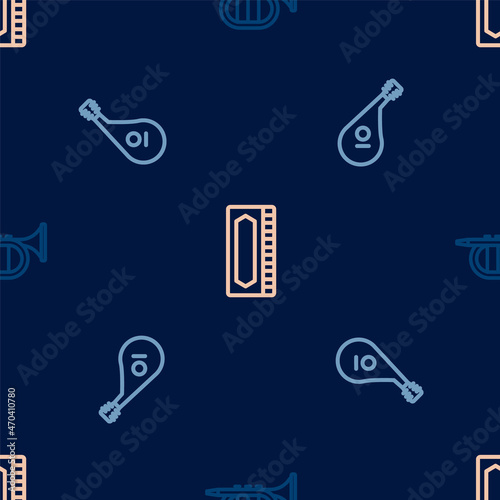 Set line Trumpet, Bandura and Harmonica on seamless pattern. Vector