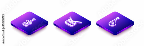 Set Isometric line Electric bass guitar, Drum with drum sticks and Bandura icon. Vector