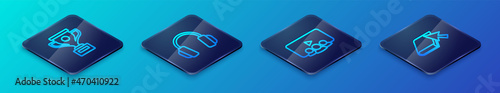 Set Isometric line Online class, Award cup, book and Headphones icon. Vector
