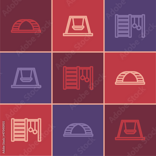 Set line Monkey bar, Swedish wall and Swing for kids icon. Vector