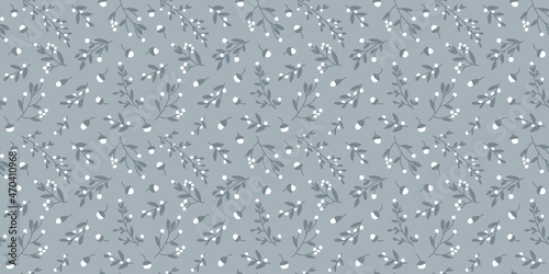 Seamless doodle botanicals pattern in winter color palette of pale dusty blue and white. All over floral repeat print. 