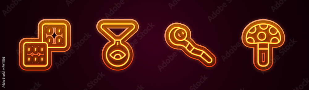 Set line Game dice, Medallion on chain with eye, Magic staff and Psilocybin mushroom. Glowing neon icon. Vector