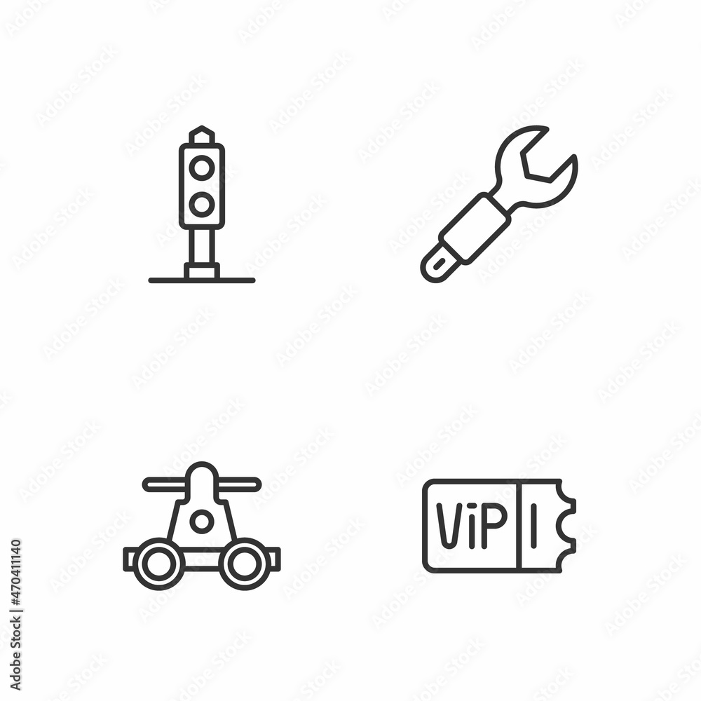 Set line Train ticket, Handcar transportation, traffic light and Wrench spanner icon. Vector