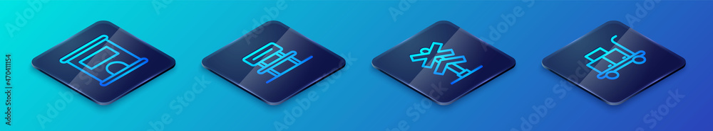 Set Isometric line Railroad crossing, Ticket office to buy tickets, Trolley suitcase and Waiting hall icon. Vector Set Isometric line Railroad crossing, Ticket office to buy tickets, Trolley suitcase and Waiting hall icon. Vector