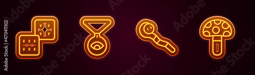 Set line Game dice, Medallion on chain with eye, Magic staff and Psilocybin mushroom. Glowing neon icon. Vector
