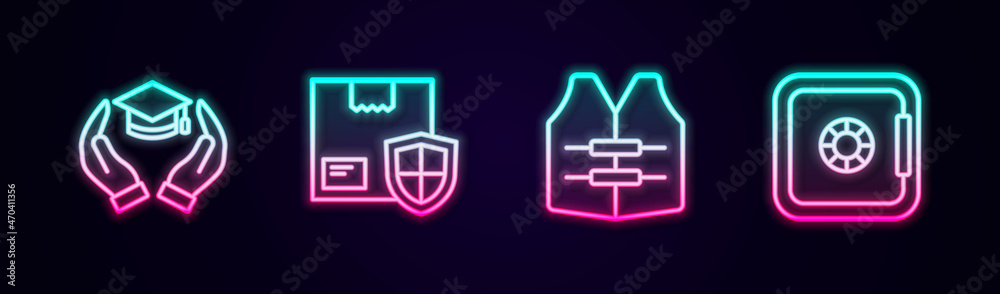 Set line Education grant, Delivery security with shield, Life jacket and Safe. Glowing neon icon. Vector Set line Education grant, Delivery security with shield, Life jacket and Safe. Glowing neon icon. Vector
