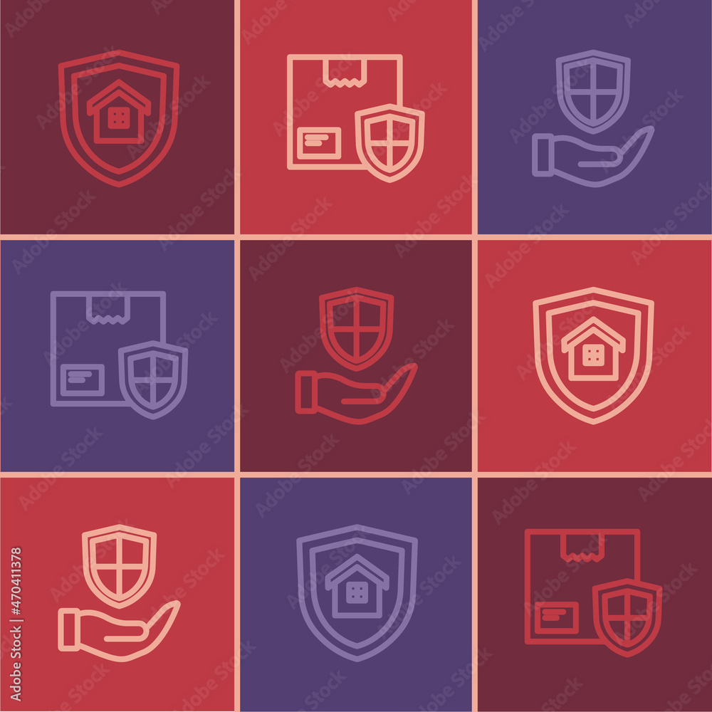 Set line House with shield, Shield in hand and Delivery security icon. Vector Set line House with shield, Shield in hand and Delivery security icon. Vector