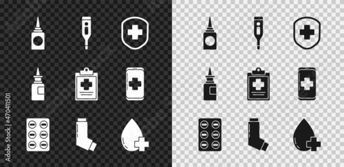 Set Bottle nasal spray, Medical digital thermometer, shield with cross, Pills in blister pack, Inhaler, Donate drop blood, and clipboard clinical record icon. Vector