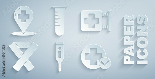 Set Medical digital thermometer, Hospital signboard, Awareness ribbon, Cross hospital medical, Test tube and flask and Map pointer with cross icon. Vector