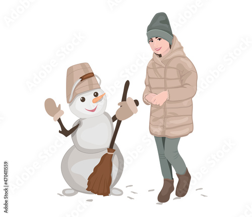 girl and snowman vector. snowman waving his hand.girl in winter clothes vector. full length little girl. vector illustration. eps