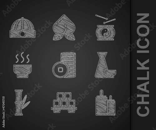 Set Chinese Yuan currency, Sushi on cutting board, Firework, tea ceremony, Bamboo, drum and hat icon. Vector
