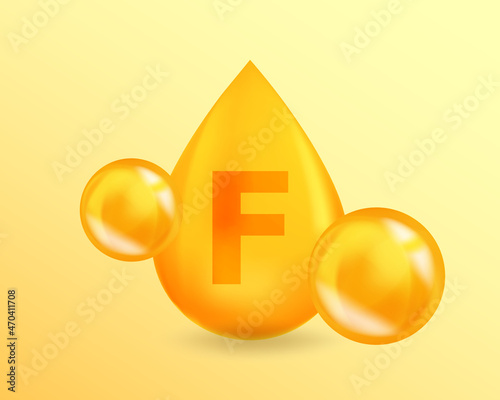 Vitamin F Essential fatty acid. Realistic Vitamin drop F Essential fatty acid design. 3D Vitamin complex illustration concept.
