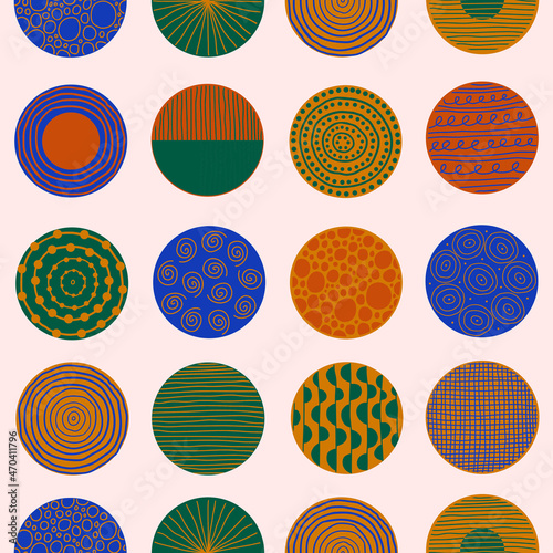 Modern abstract seamless pattern with colorful round shapes of lines, circles, drops on pastel background. Vector hand drawn illustration