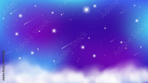 The night sky with clouds and glowing stars. Magical landscape, abstract fabulous pattern. Magic universe background. Vector.