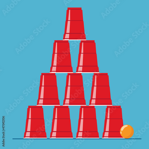 Red beer pong pyramyd illustration. Plastic cups and ball. Traditional party drinking game. Vector photo